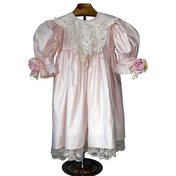 *SOLD SOLD SOLD* Vintage 80s Toddler Dress Pink Satin Lace Girl Party Dress 3T - Picture 6 of 16